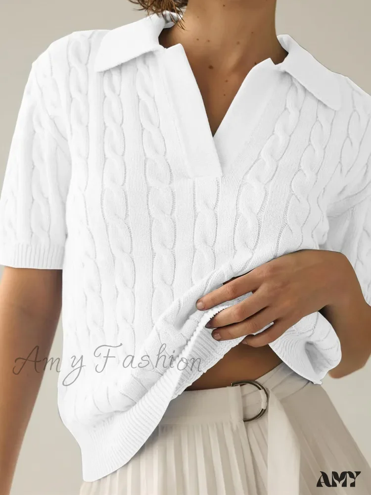 White Cable Knit Short Sleeve Pullover Spring Summer Fashion Sweater - Image 2