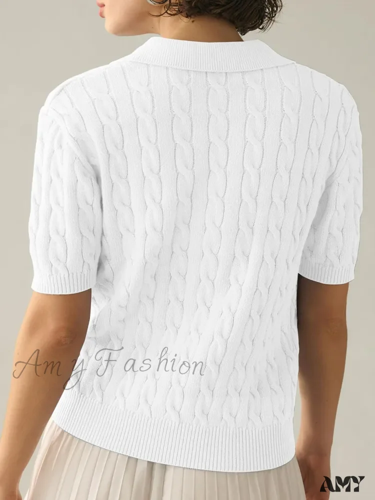White Cable Knit Short Sleeve Pullover Spring Summer Fashion Sweater - Image 3