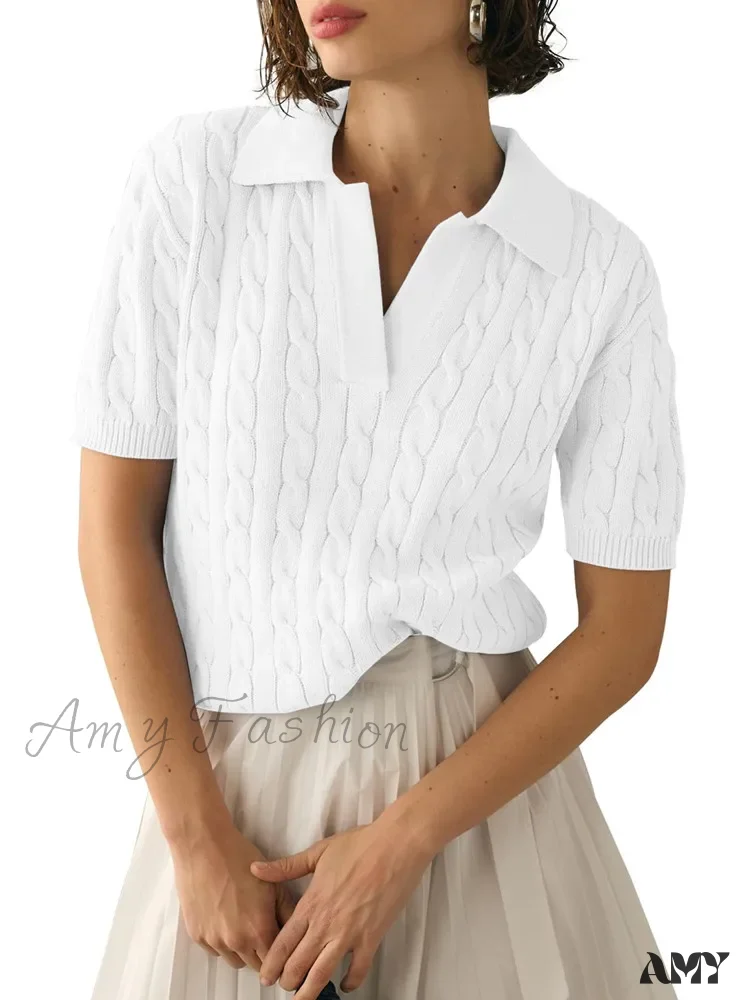 White Cable Knit Short Sleeve Pullover Spring Summer Fashion Sweater - Image 5