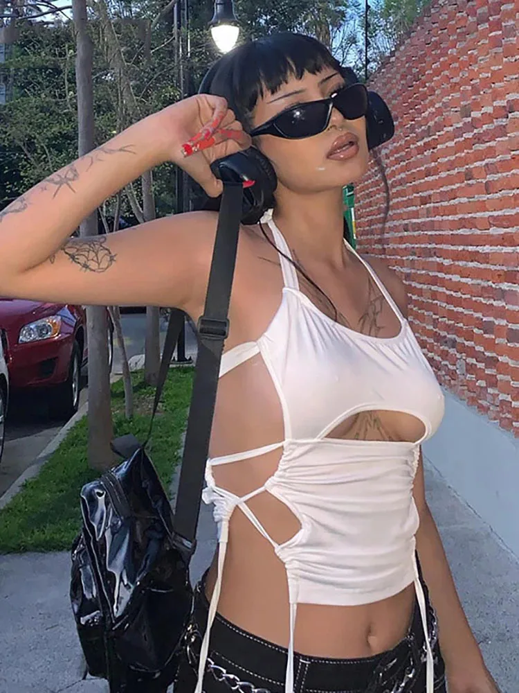 White Hollow Halter Crop Top - Image 2