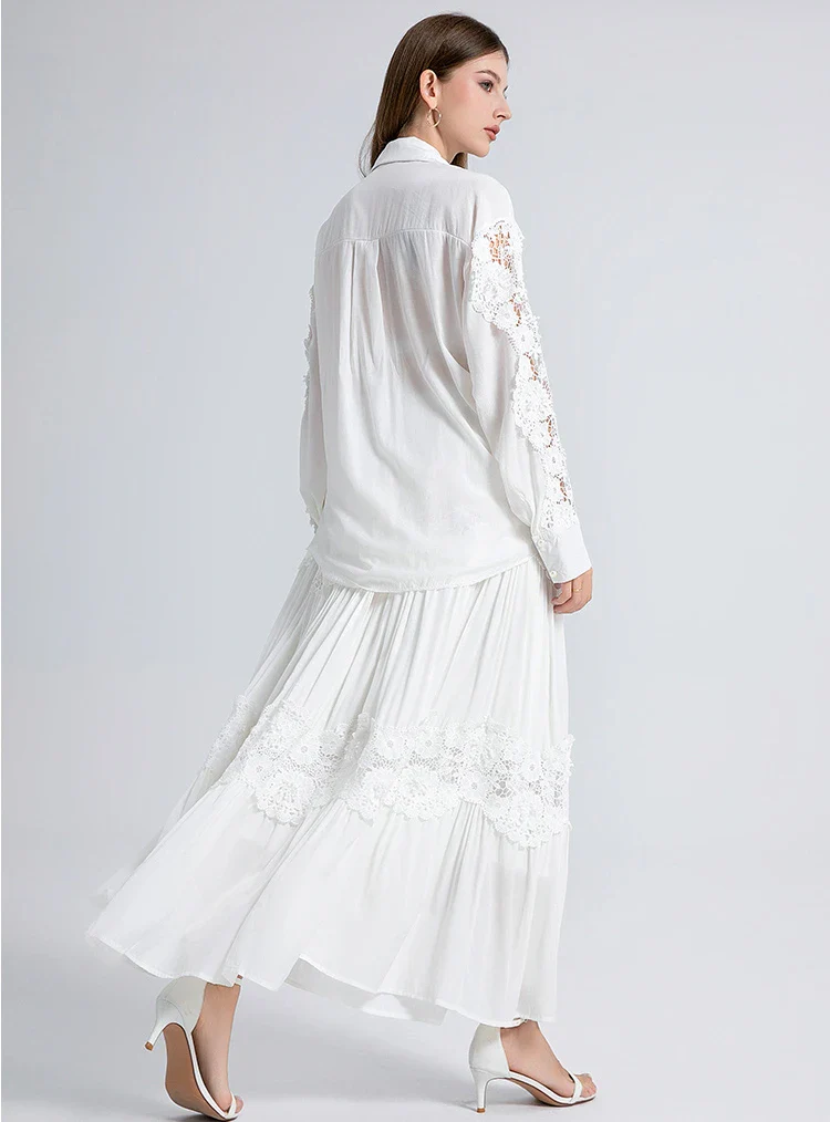 White Lace Maxi Skirt Blouse Set Casual Boho Dress - Image 2
