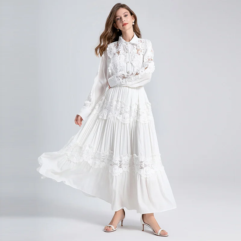 White Lace Maxi Skirt Blouse Set Casual Boho Dress - Image 3