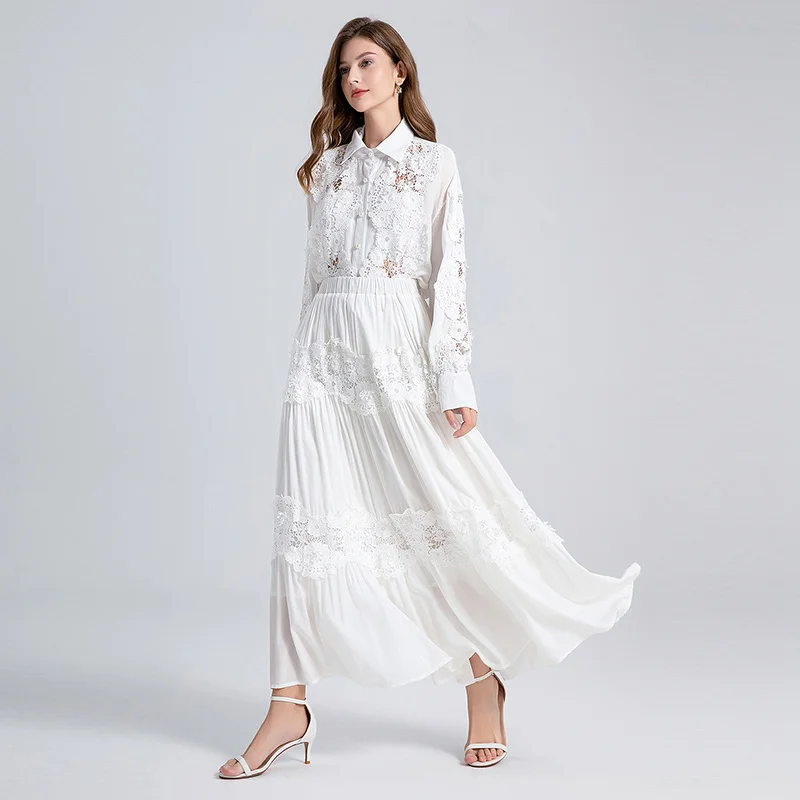 White Lace Maxi Skirt Blouse Set Casual Boho Dress - Image 4