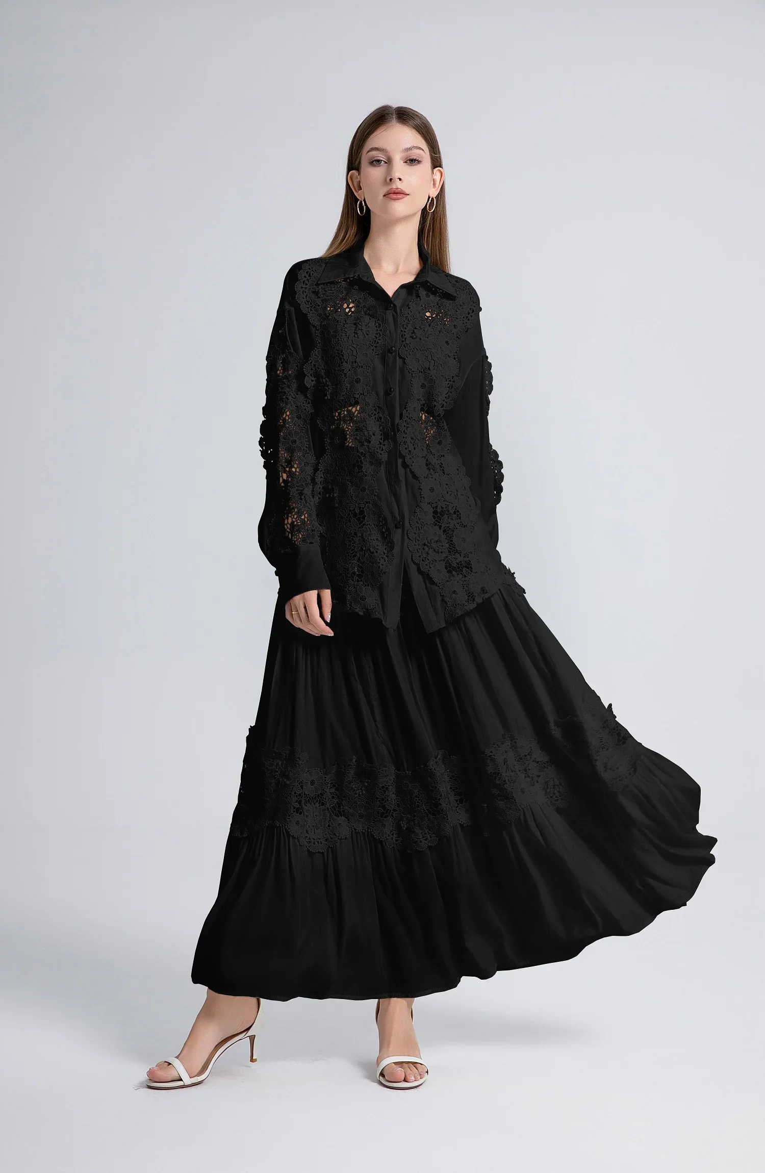 White Lace Maxi Skirt Blouse Set Casual Boho Dress - Image 5