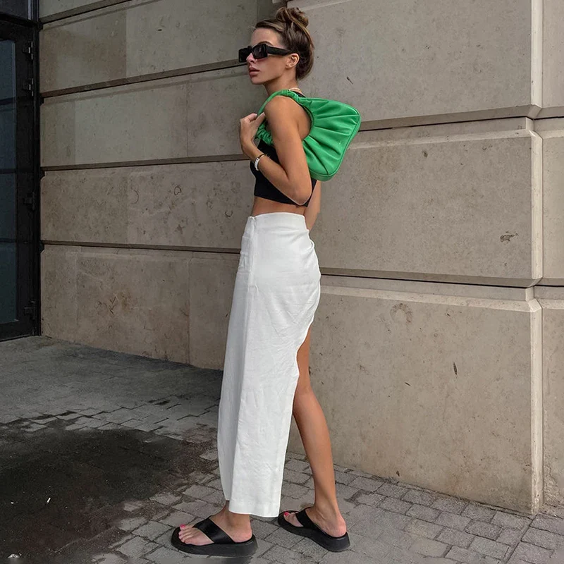 White Linen Asymmetric Slit Skirt - Image 5