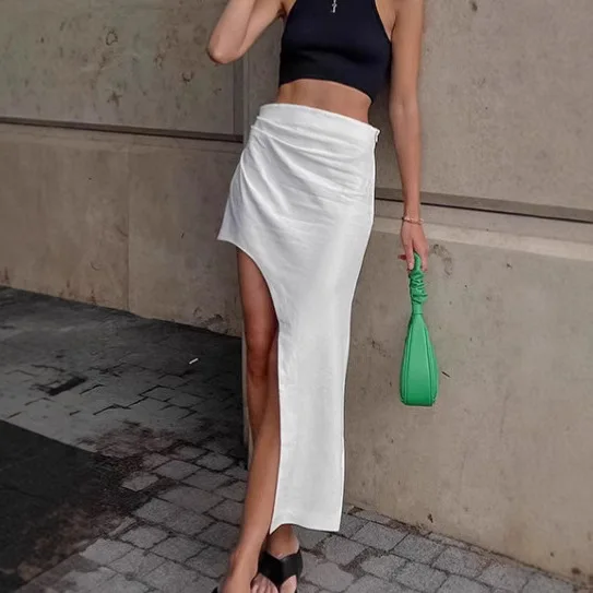 White Linen Asymmetric Slit Skirt - Image 7
