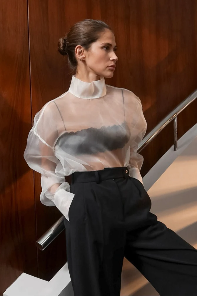 White Mesh Sheer High-Neck Long-Sleeve Blouse - Image 2