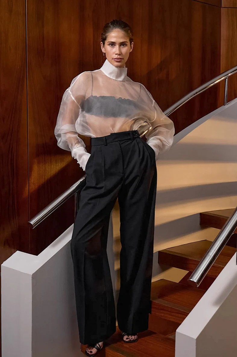 White Mesh Sheer High-Neck Long-Sleeve Blouse - Image 3