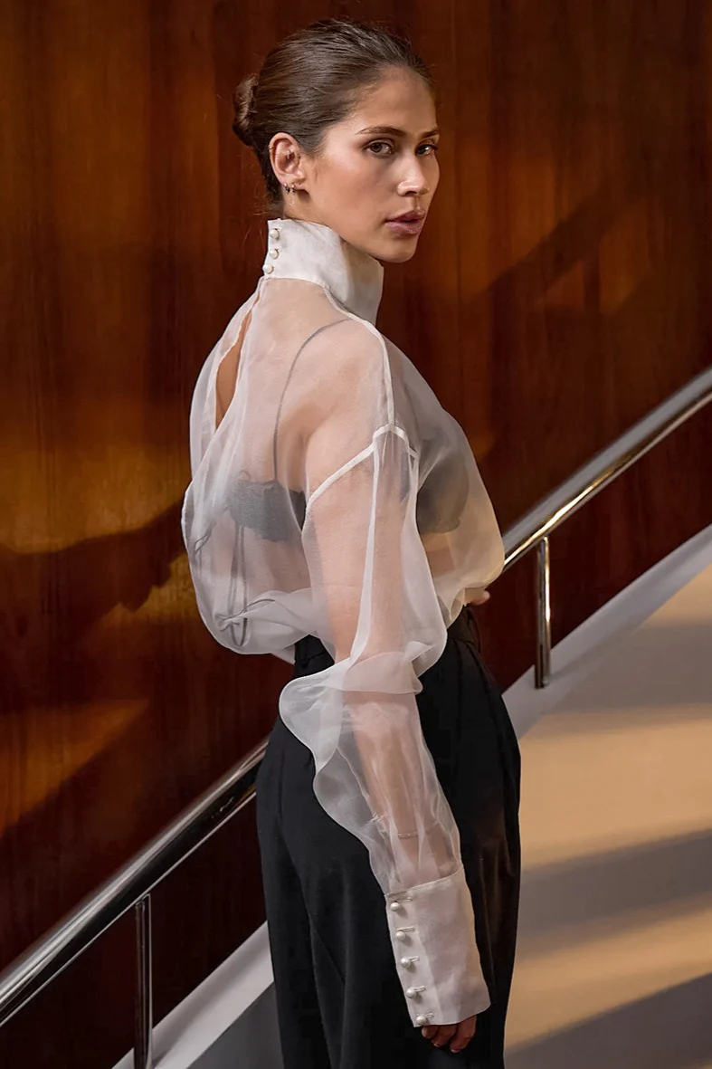 White Mesh Sheer High-Neck Long-Sleeve Blouse - Image 4