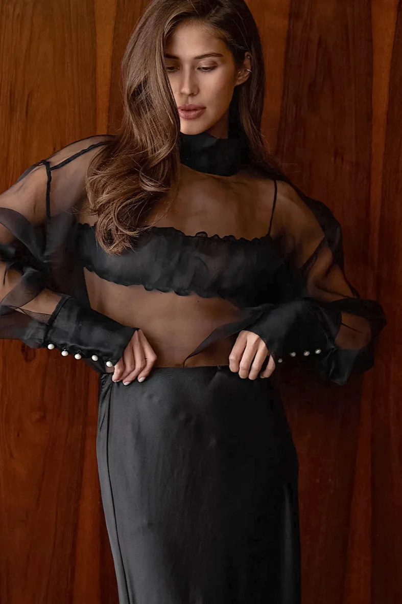 White Mesh Sheer High-Neck Long-Sleeve Blouse - Image 7
