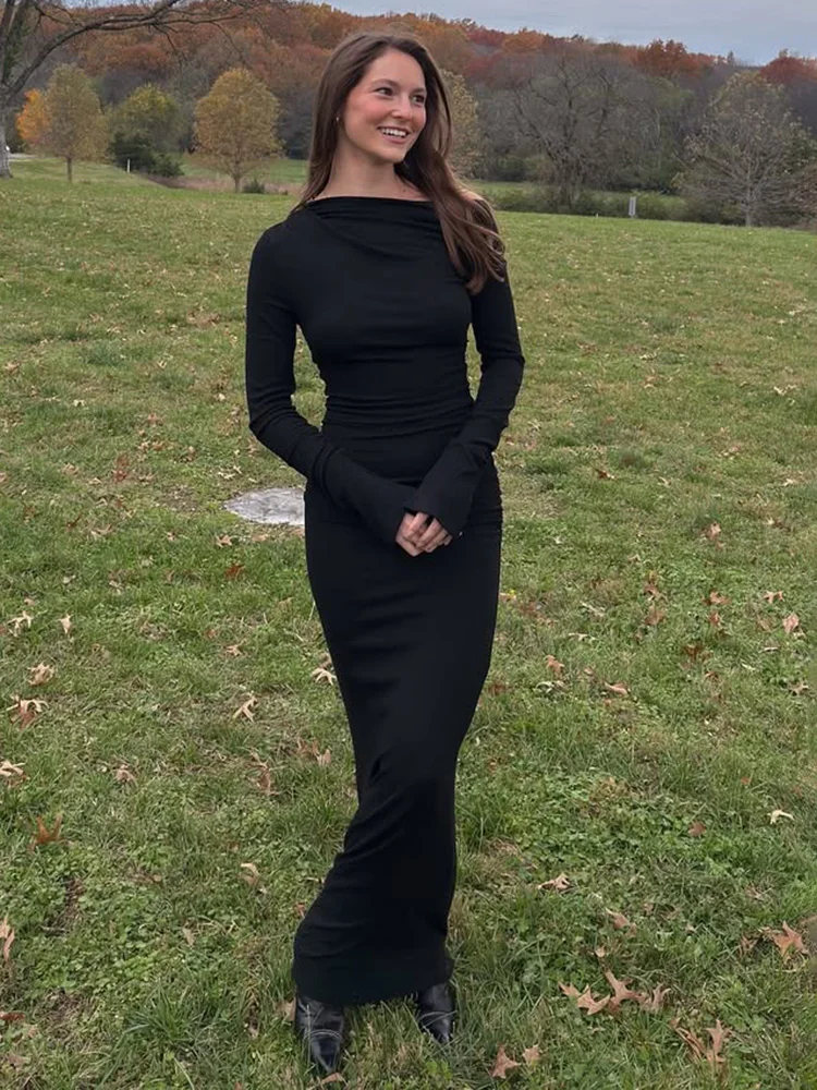White Skew Collar Long Sleeve Maxi Dress - Image 4