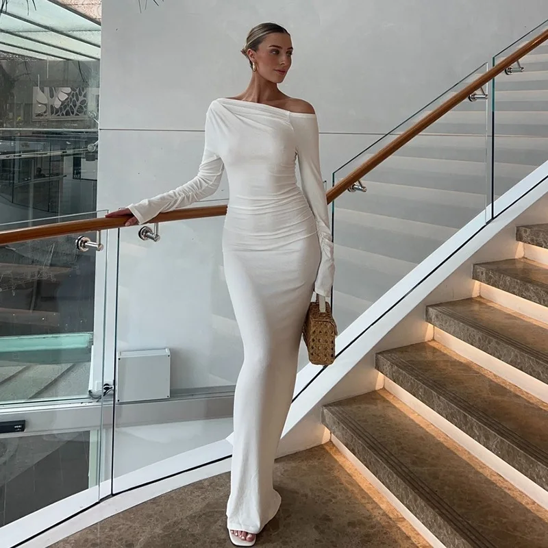 White Skew Collar Long Sleeve Maxi Dress - Image 6
