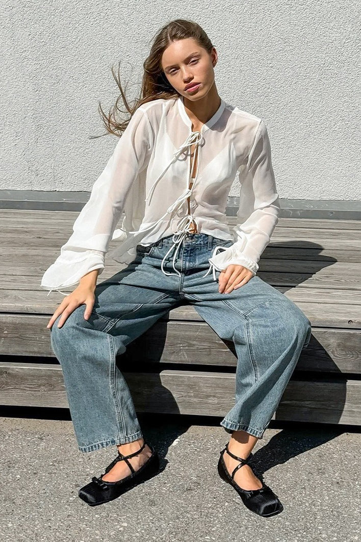 White Tie-Front Loose Stand-Collar Blouse - Image 3
