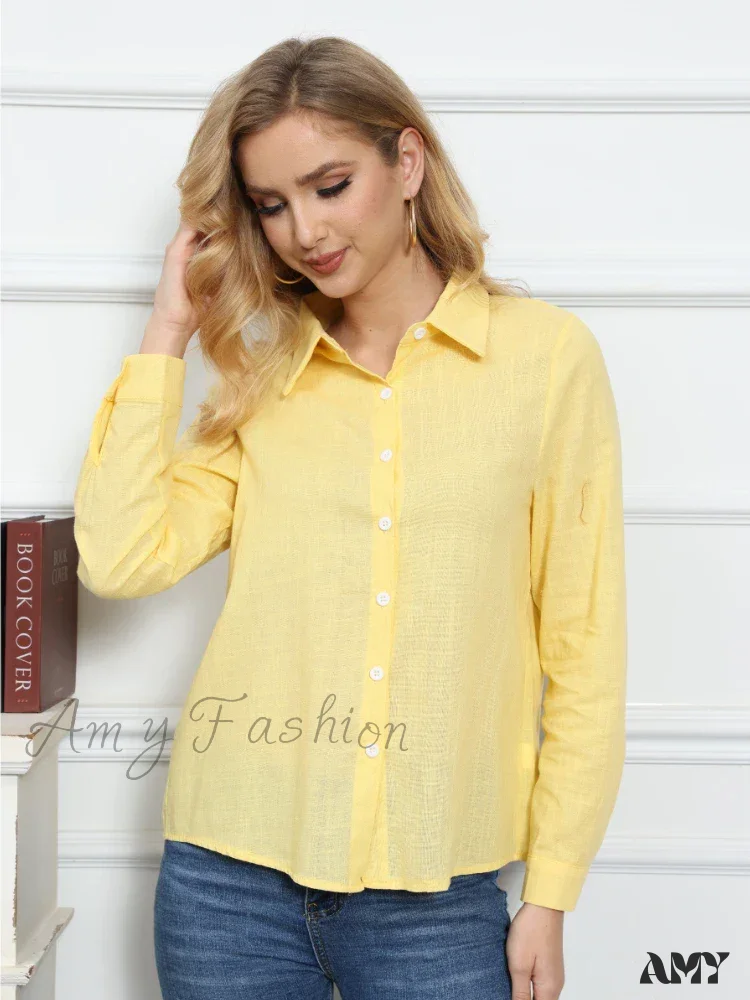 White Yellow Lapel Cardigan Oversized Shirt Blouse - Image 5