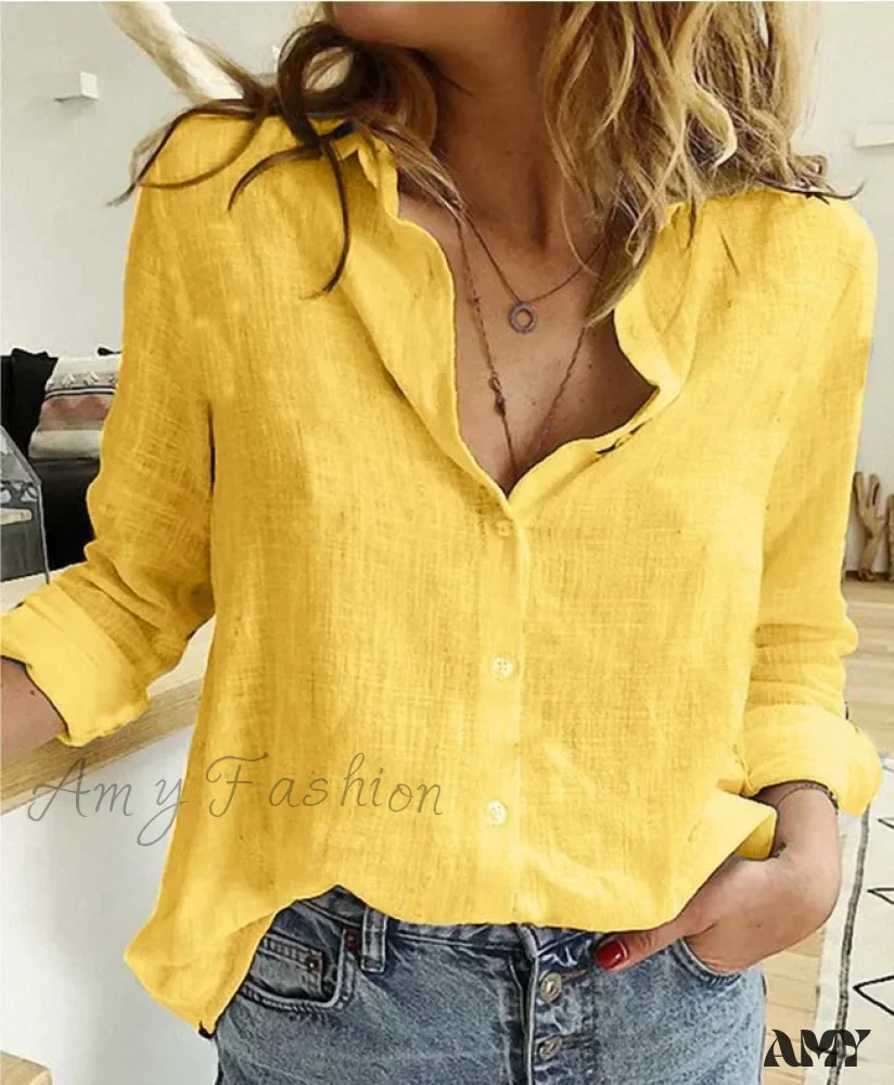 White Yellow Lapel Cardigan Oversized Shirt Blouse - Image 9