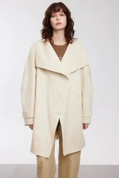 Wide Collar Single-Button Mid-Length Loose Fit Trench Coat - Image 2