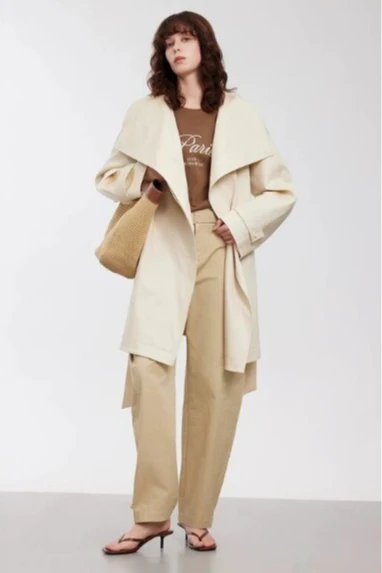 Wide Collar Single-Button Mid-Length Loose Fit Trench Coat - Image 3