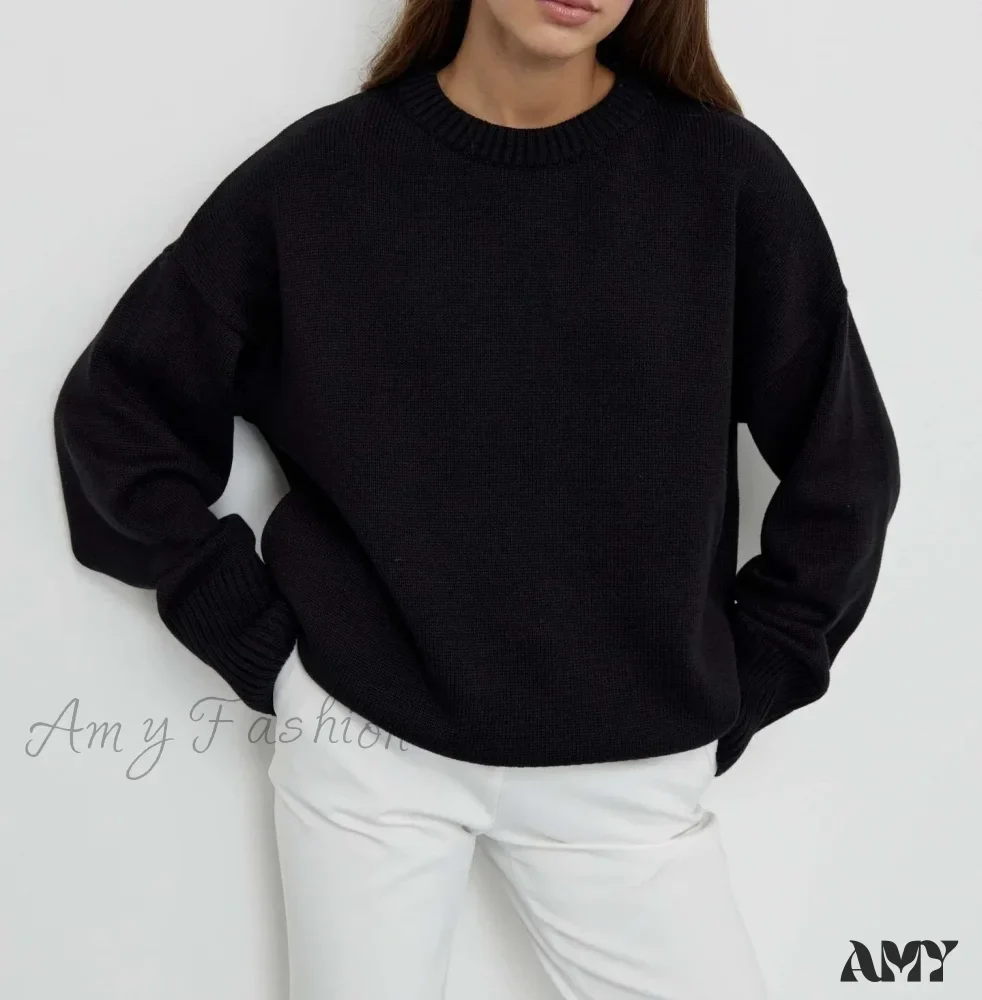 Winter Warm Thick Knit Solid Black Soft Pullover Loose Korean Autumn Women Coat O Neck Sweater - Image 7