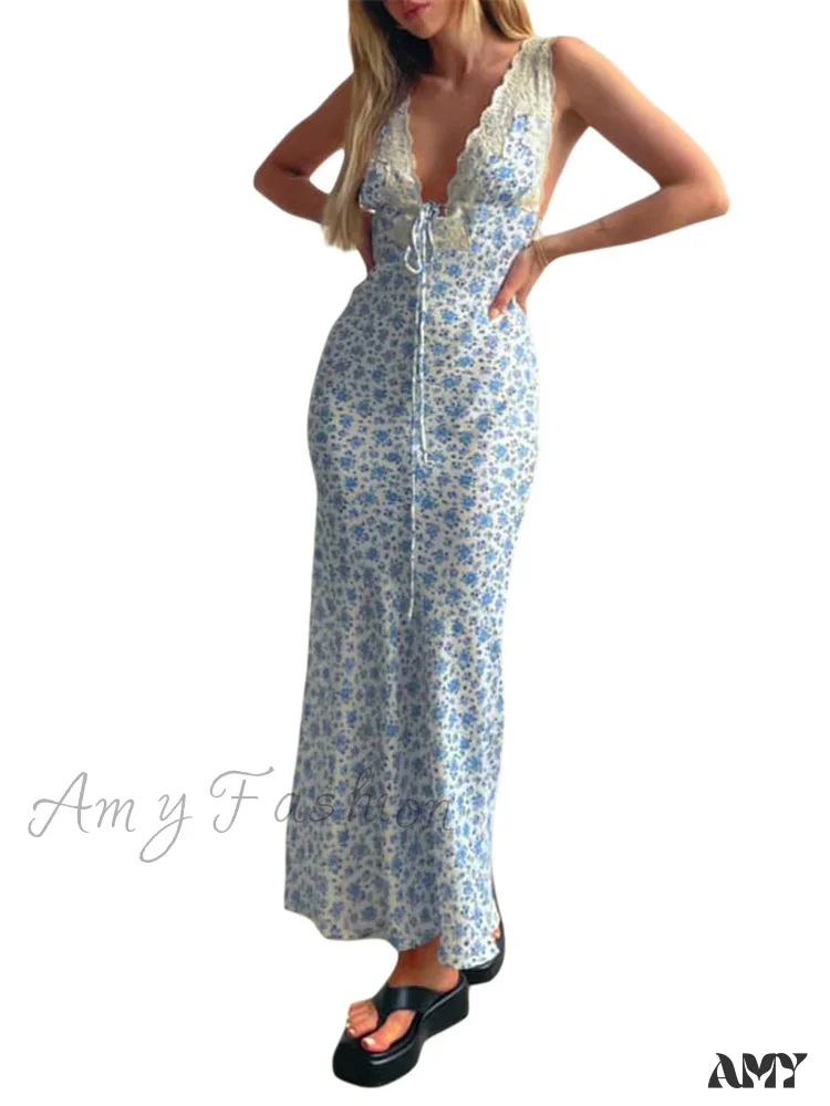 Amy Fashion - Women Backless Sexy Floral Print Sleeveless Lace V-neck Cocktail Slim Spaghetti Strap Vestidos Party - Image 4
