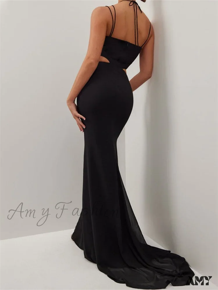 Amy Fashion - Women Black Halter Sleeveless Slim Waist Hollow Out Spaghetti Strap Evening Summer Female Vestidos - Image 2