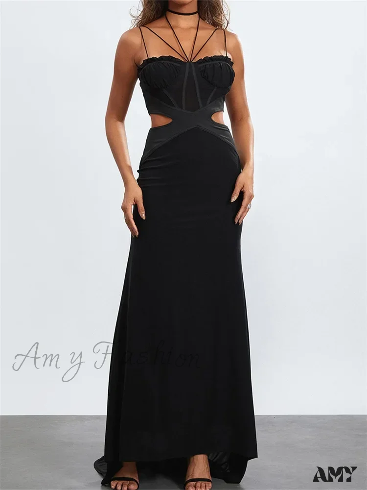Amy Fashion - Women Black Halter Sleeveless Slim Waist Hollow Out Spaghetti Strap Evening Summer Female Vestidos - Image 3