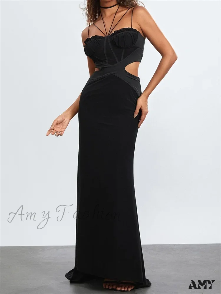 Amy Fashion - Women Black Halter Sleeveless Slim Waist Hollow Out Spaghetti Strap Evening Summer Female Vestidos - Image 4