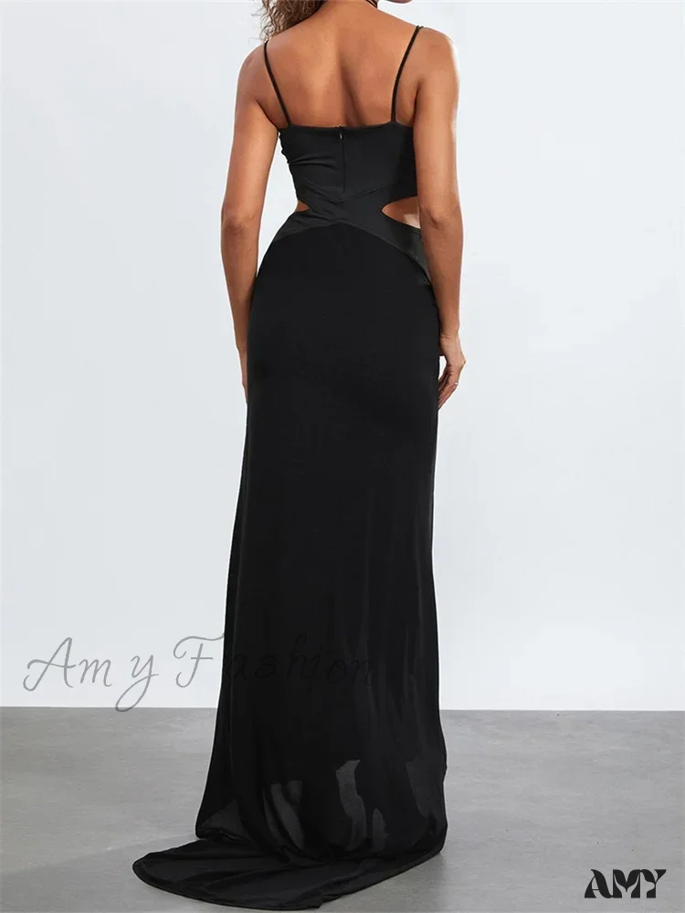 Amy Fashion - Women Black Halter Sleeveless Slim Waist Hollow Out Spaghetti Strap Evening Summer Female Vestidos - Image 5