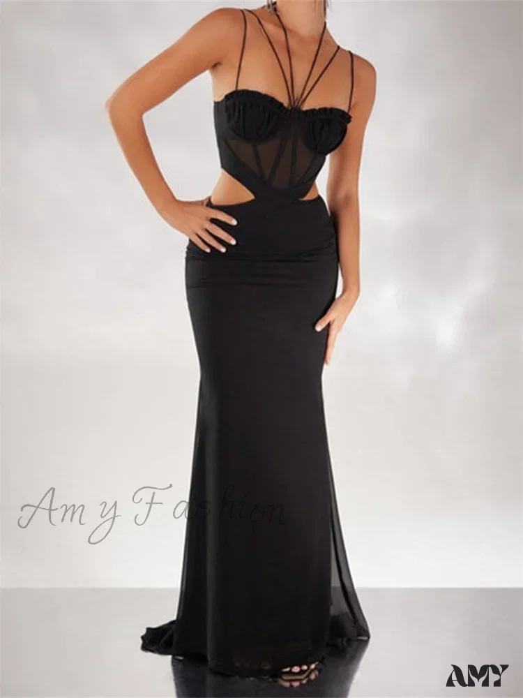 Amy Fashion - Women Black Halter Sleeveless Slim Waist Hollow Out Spaghetti Strap Evening Summer Female Vestidos - Image 6