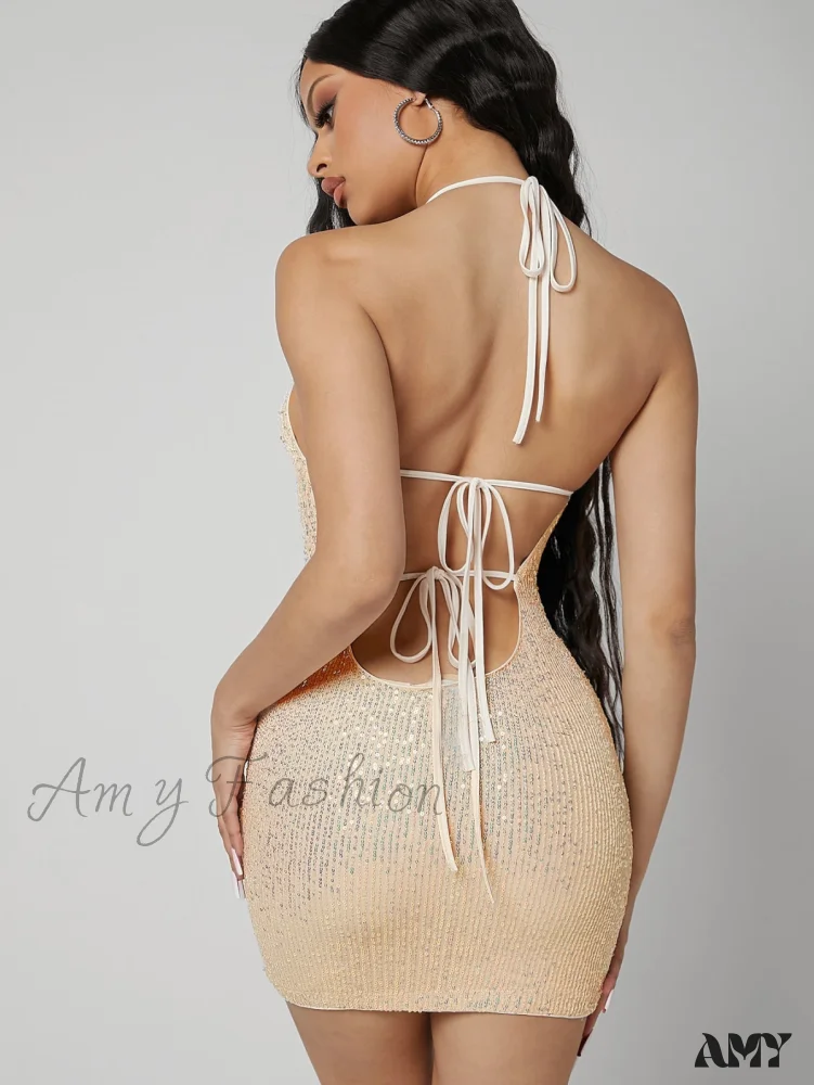 Amy Fashion - Sequins Surface V-neck Sleeveless Halter Straps Dress - Image 10