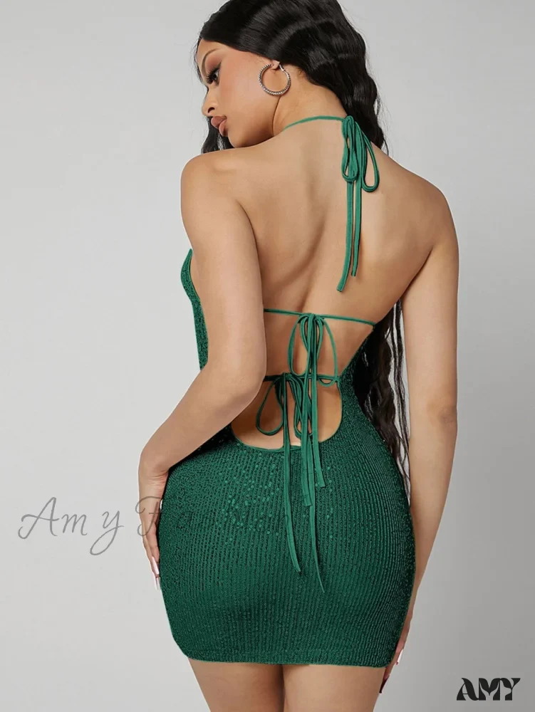 Amy Fashion - Sequins Surface V-neck Sleeveless Halter Straps Dress - Image 4