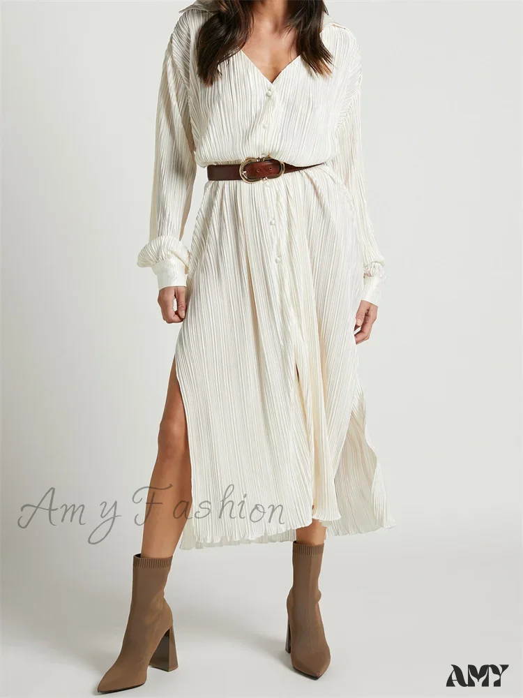 Amy Fashion - Women Buttons Down Shirt  Sleeve Deep V Neck Solid Ruched  Side Split Party Female Vestidos - Image 10