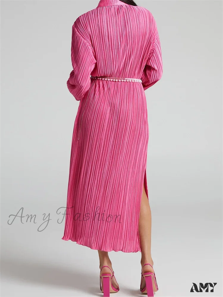 Amy Fashion - Women Buttons Down Shirt  Sleeve Deep V Neck Solid Ruched  Side Split Party Female Vestidos - Image 2