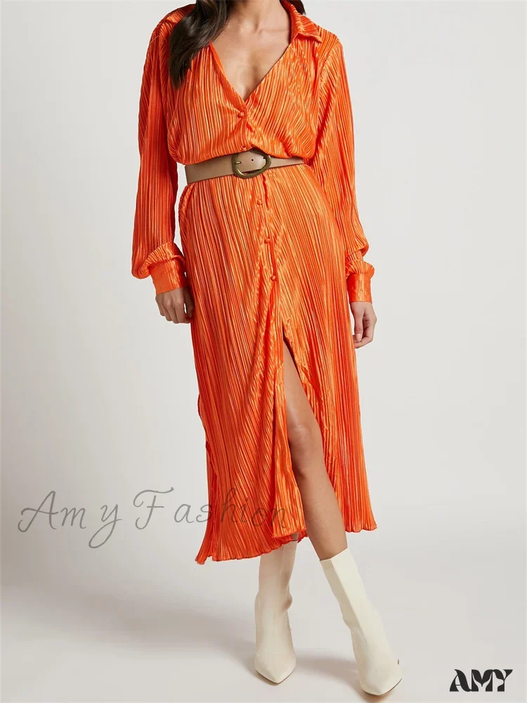 Amy Fashion - Women Buttons Down Shirt  Sleeve Deep V Neck Solid Ruched  Side Split Party Female Vestidos - Image 3