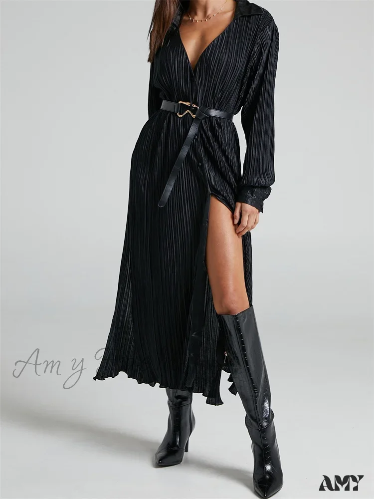 Amy Fashion - Women Buttons Down Shirt  Sleeve Deep V Neck Solid Ruched  Side Split Party Female Vestidos - Image 7