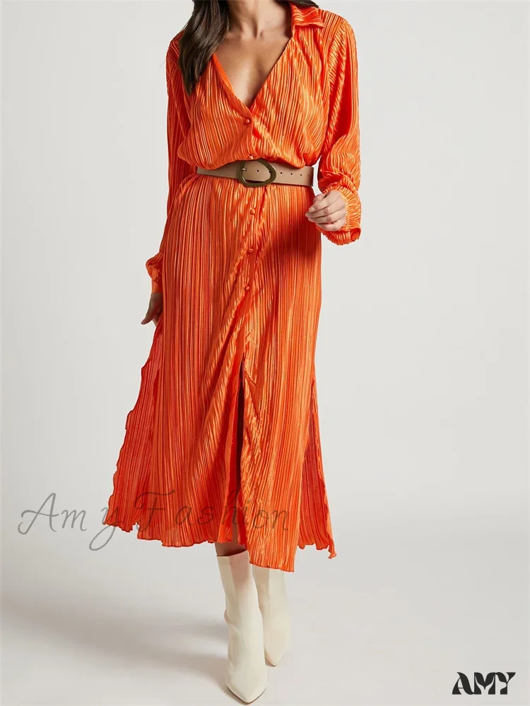 Amy Fashion - Women Buttons Down Shirt  Sleeve Deep V Neck Solid Ruched  Side Split Party Female Vestidos - Image 8