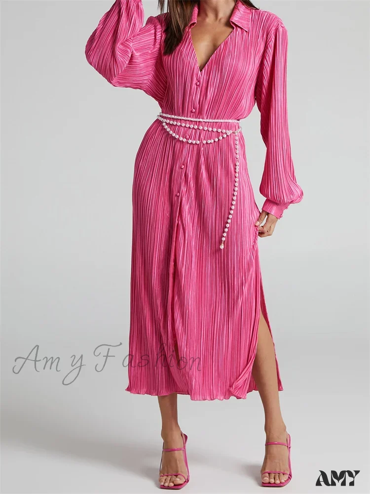 Amy Fashion - Women Buttons Down Shirt  Sleeve Deep V Neck Solid Ruched  Side Split Party Female Vestidos - Image 9