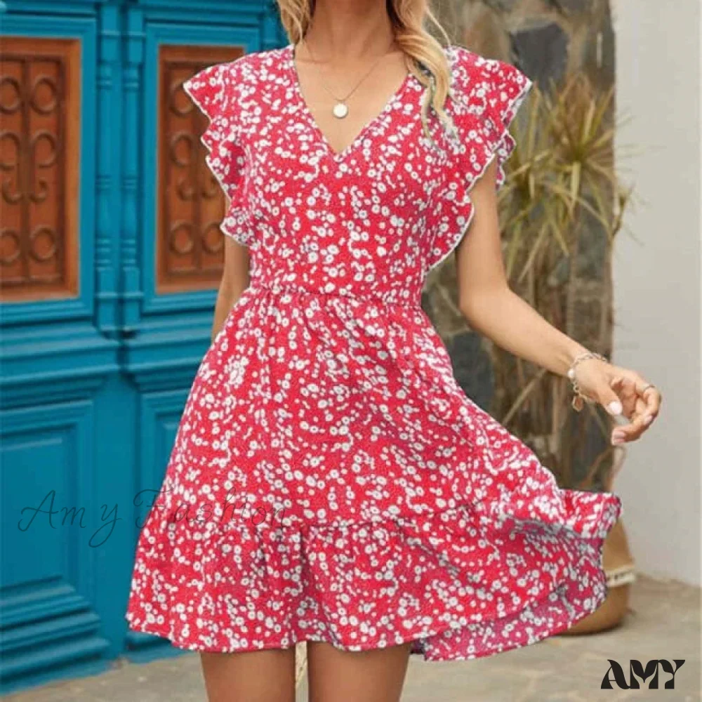 Amy Fashion - Boho Floral Ruffle Short Mini Dress - Image 11