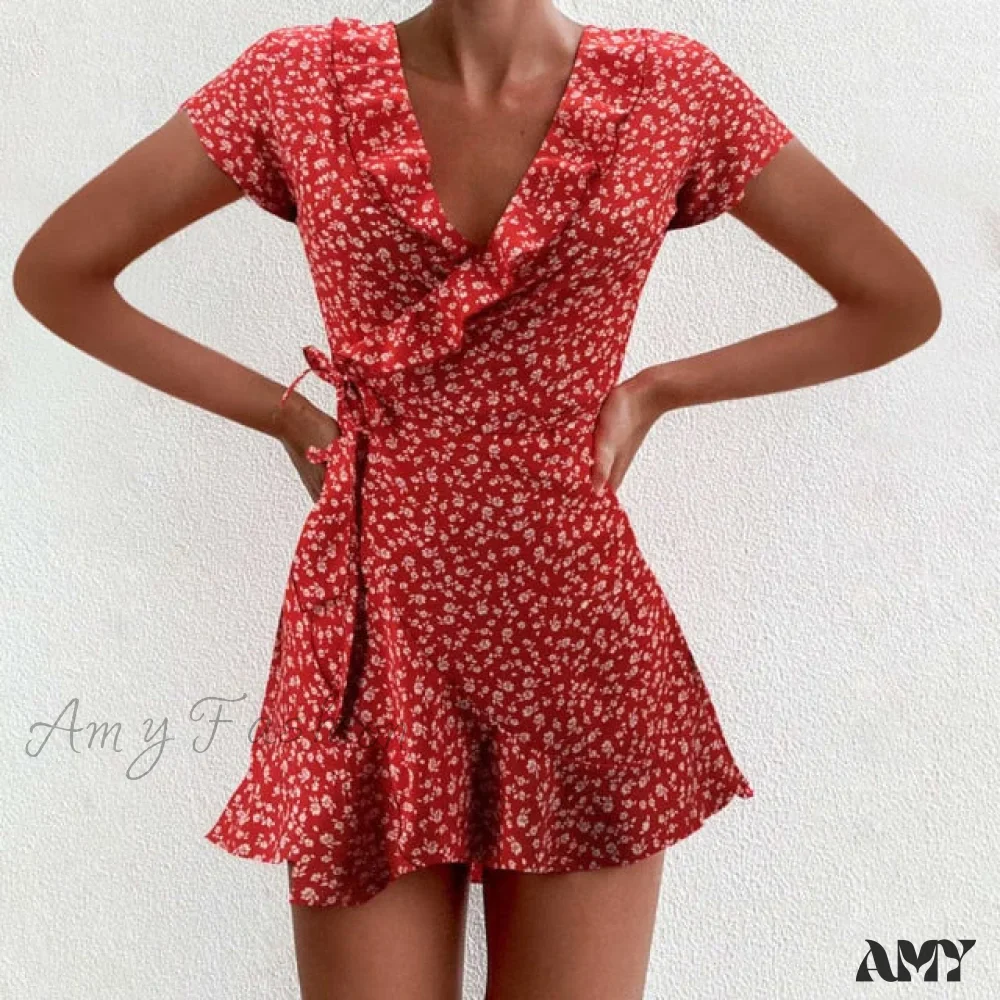 Amy Fashion - Boho Floral Ruffle Short Mini Dress - Image 4