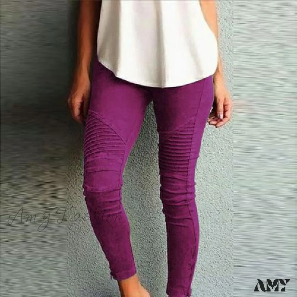 Amy Fashion - Fashion Solid Color Elastic Waistband Slim Skinny Pencil Pant Trouser - Image 11