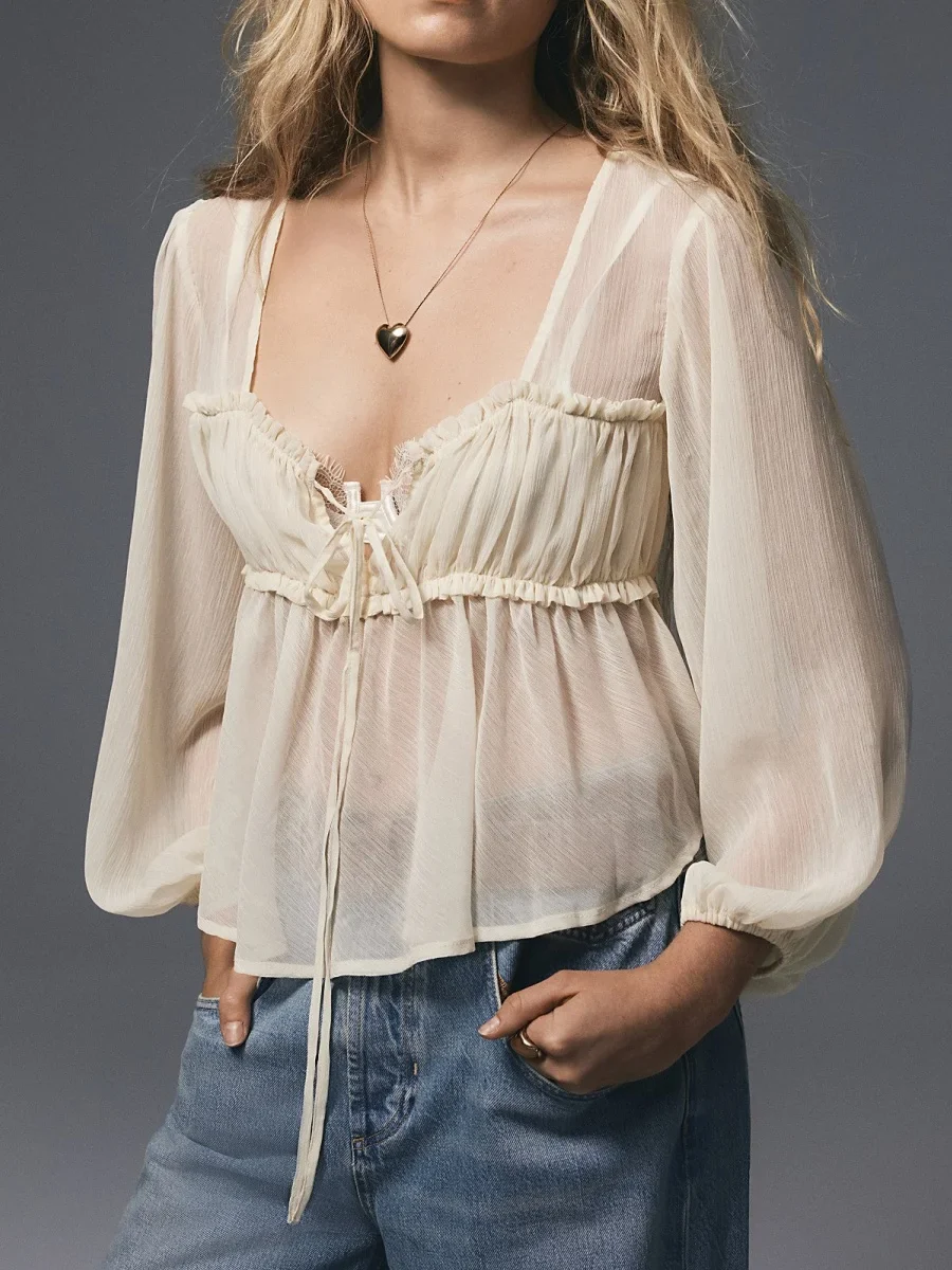 Women Ruffle Lace Chiffon Tie Chiffon Blouse - Image 2
