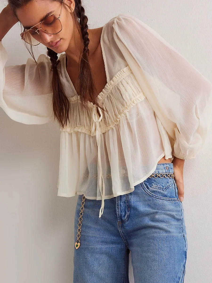 Women Ruffle Lace Chiffon Tie Chiffon Blouse - Image 3