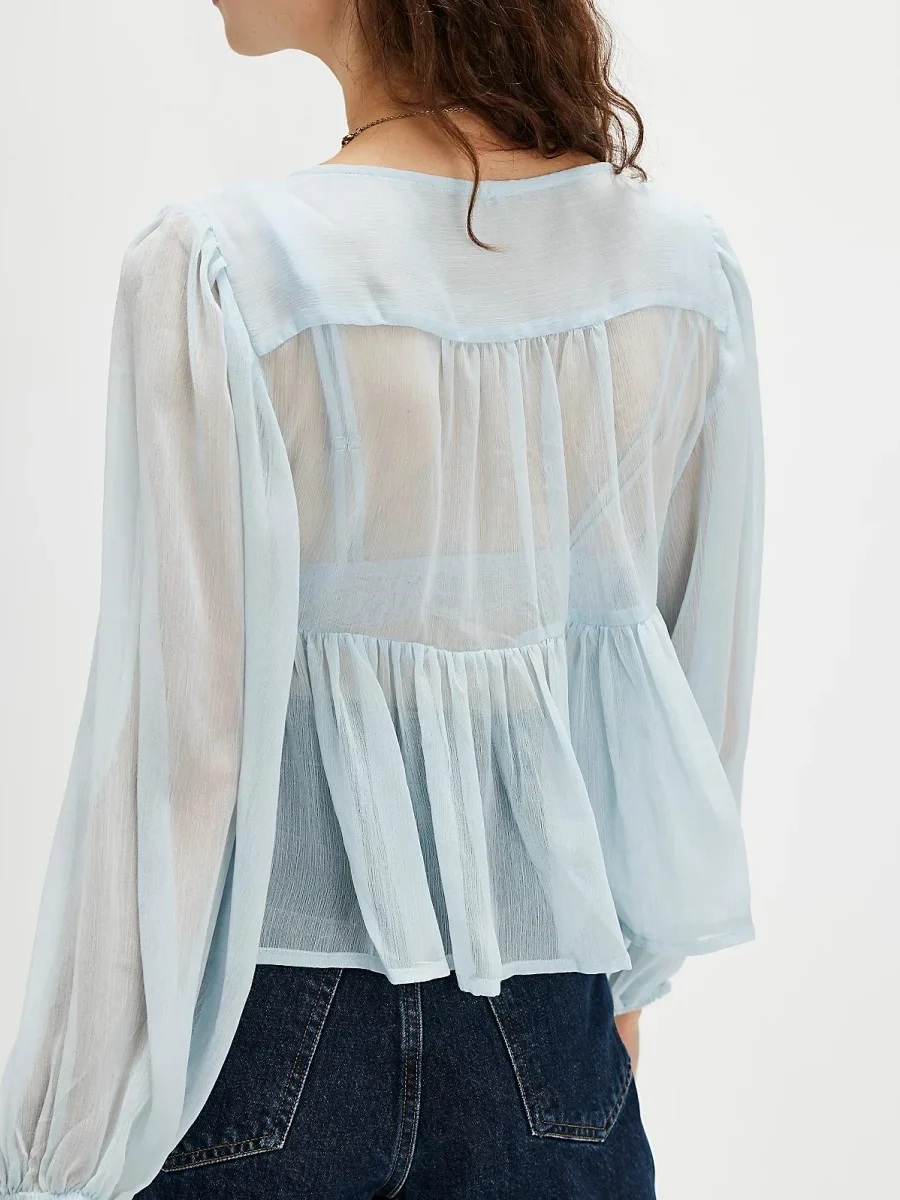 Women Ruffle Lace Chiffon Tie Chiffon Blouse - Image 5