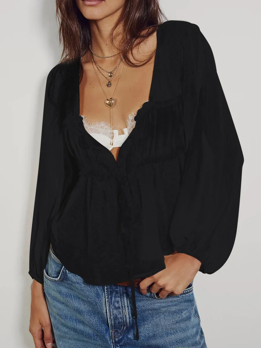 Women Ruffle Lace Chiffon Tie Chiffon Blouse - Image 6
