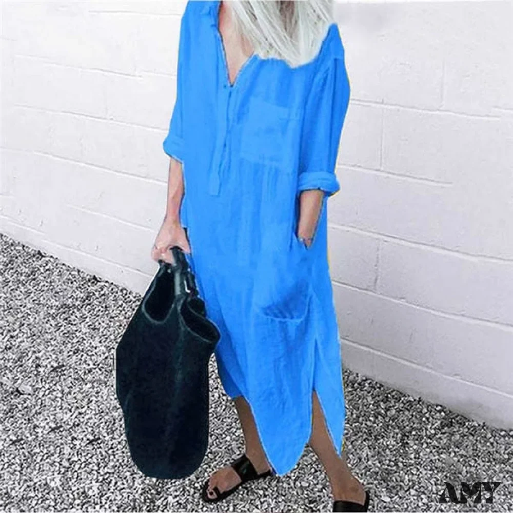 Amy Fashion - Solid Long Sleeve Side Split Long Dress - Image 2