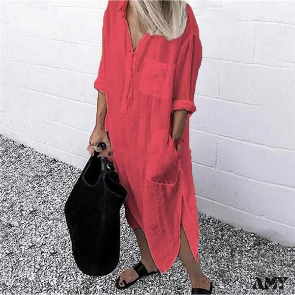 Amy Fashion - Solid Long Sleeve Side Split Long Dress - Image 3