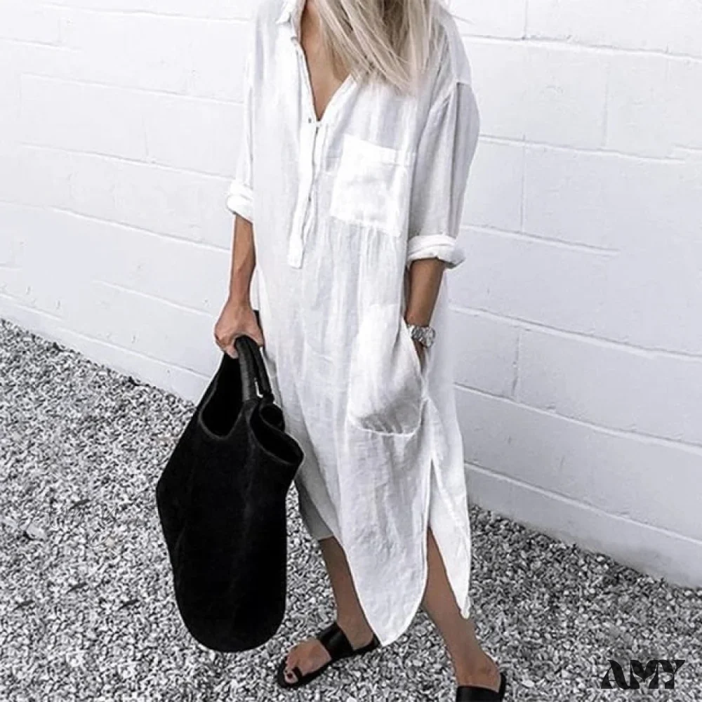 Amy Fashion - Solid Long Sleeve Side Split Long Dress - Image 4