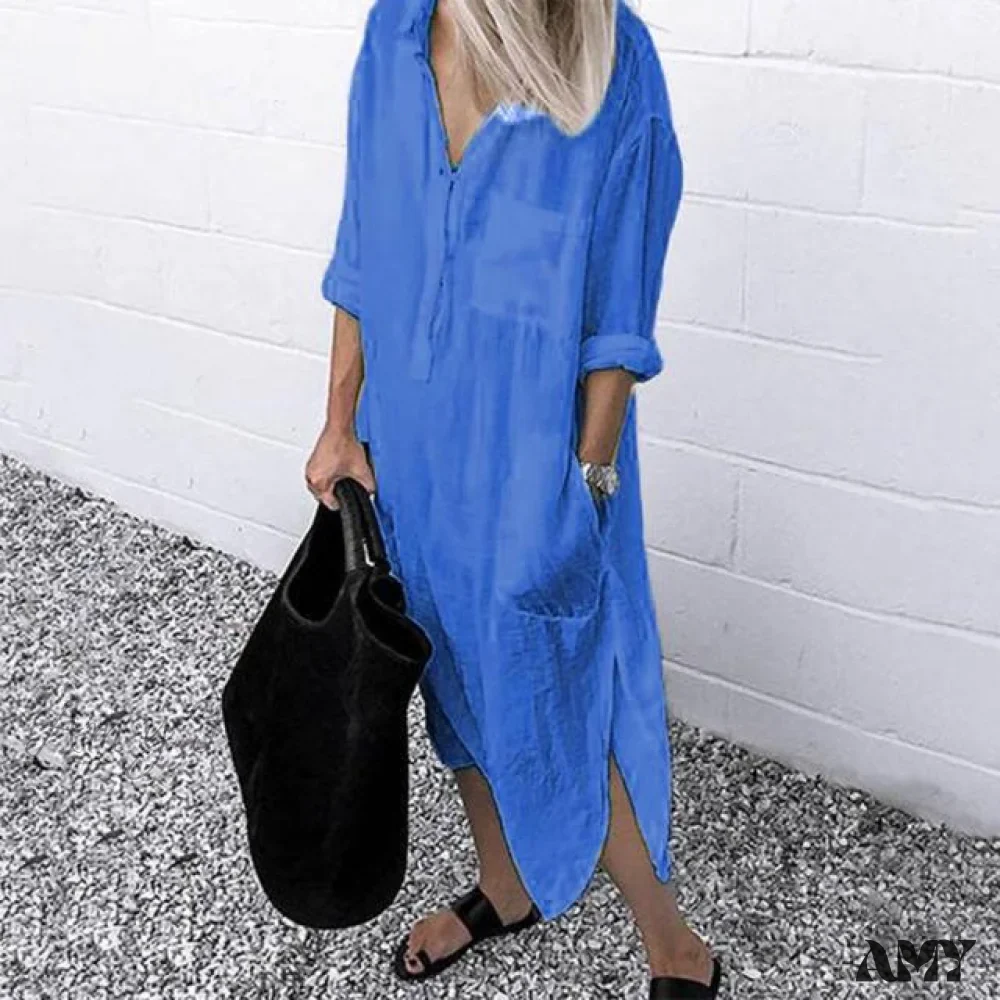 Amy Fashion - Solid Long Sleeve Side Split Long Dress - Image 5