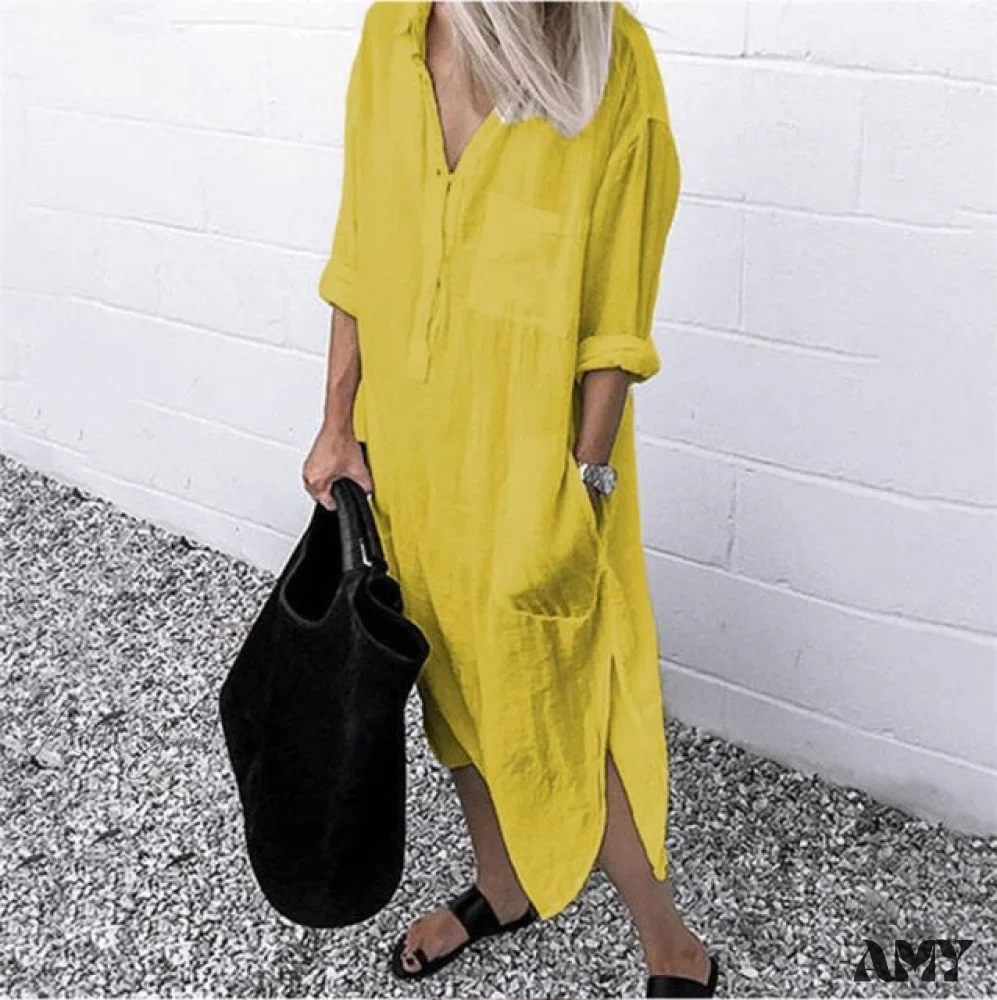 Amy Fashion - Solid Long Sleeve Side Split Long Dress - Image 6