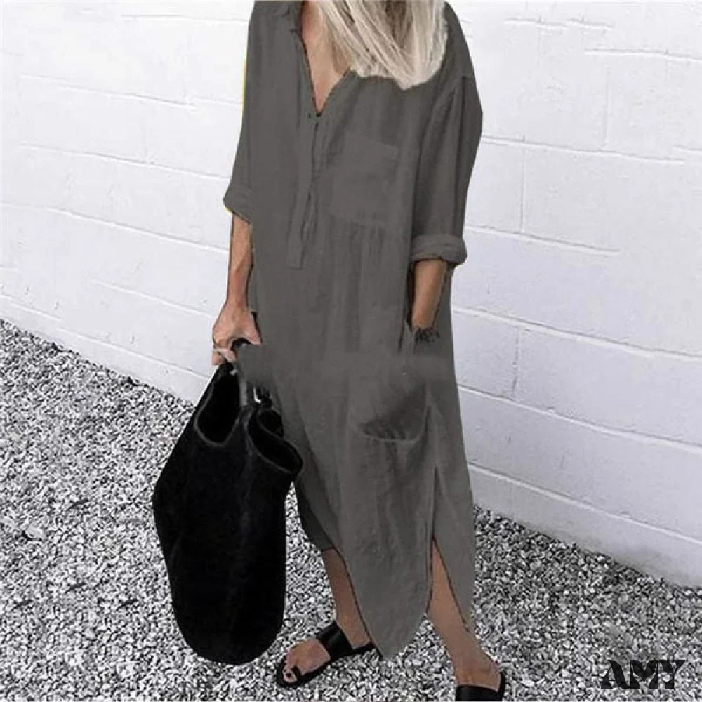 Amy Fashion - Solid Long Sleeve Side Split Long Dress - Image 7