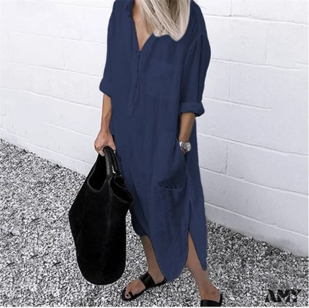 Amy Fashion - Solid Long Sleeve Side Split Long Dress - Image 8